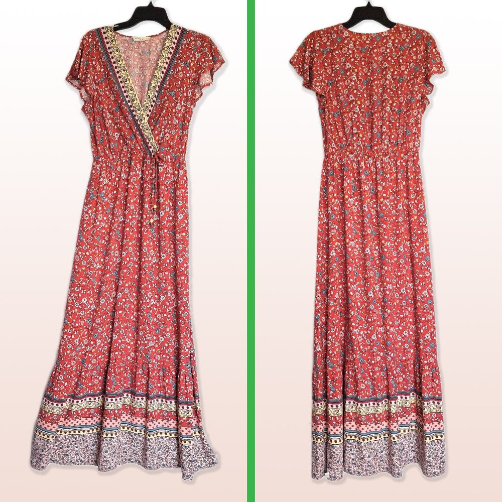 bebop Boho Maxi Dress Wrap Front Flutter Sleeves Tie Waist Size M